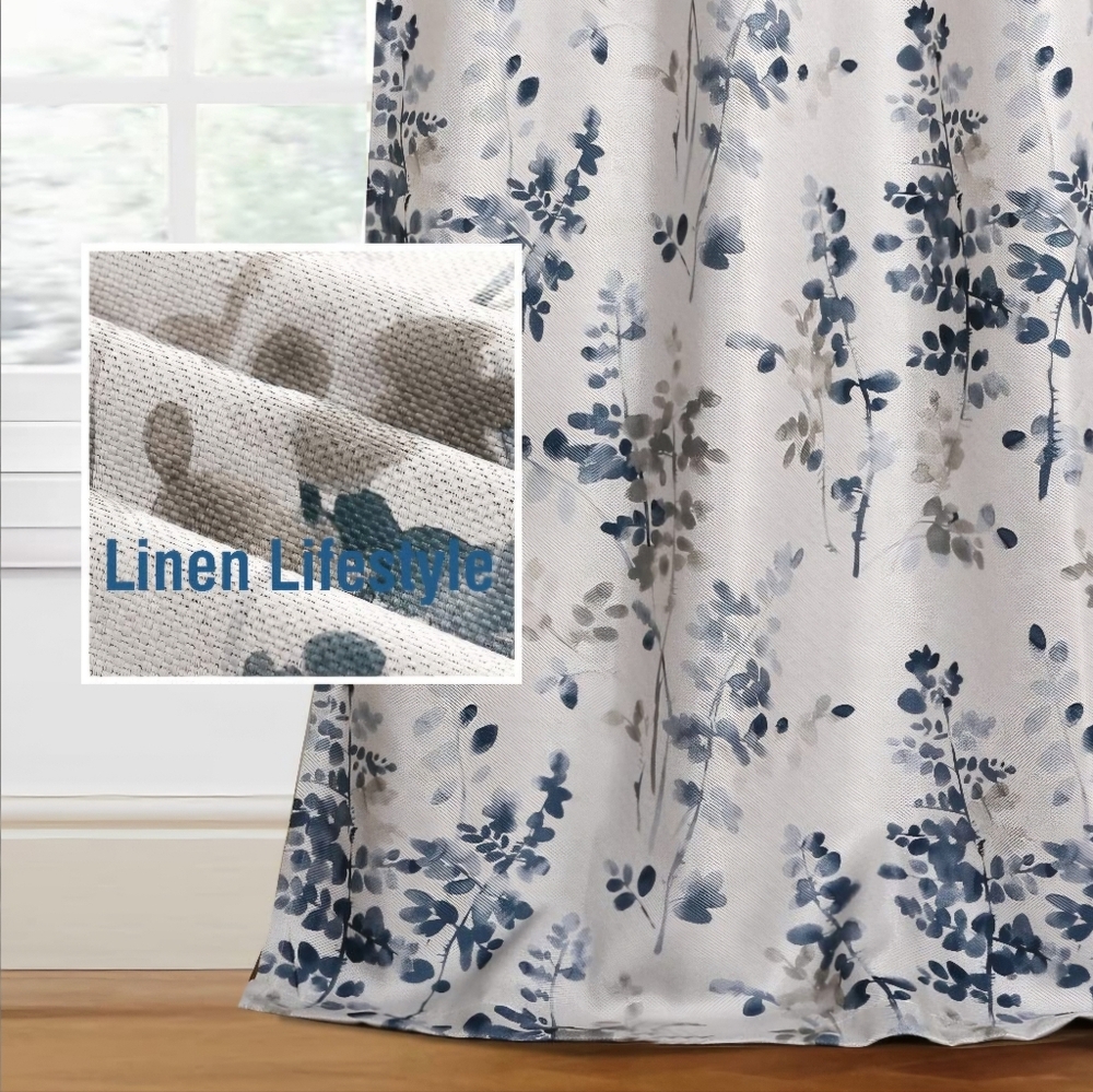 Floral Blue in Brown Stone/Taupe Curtains